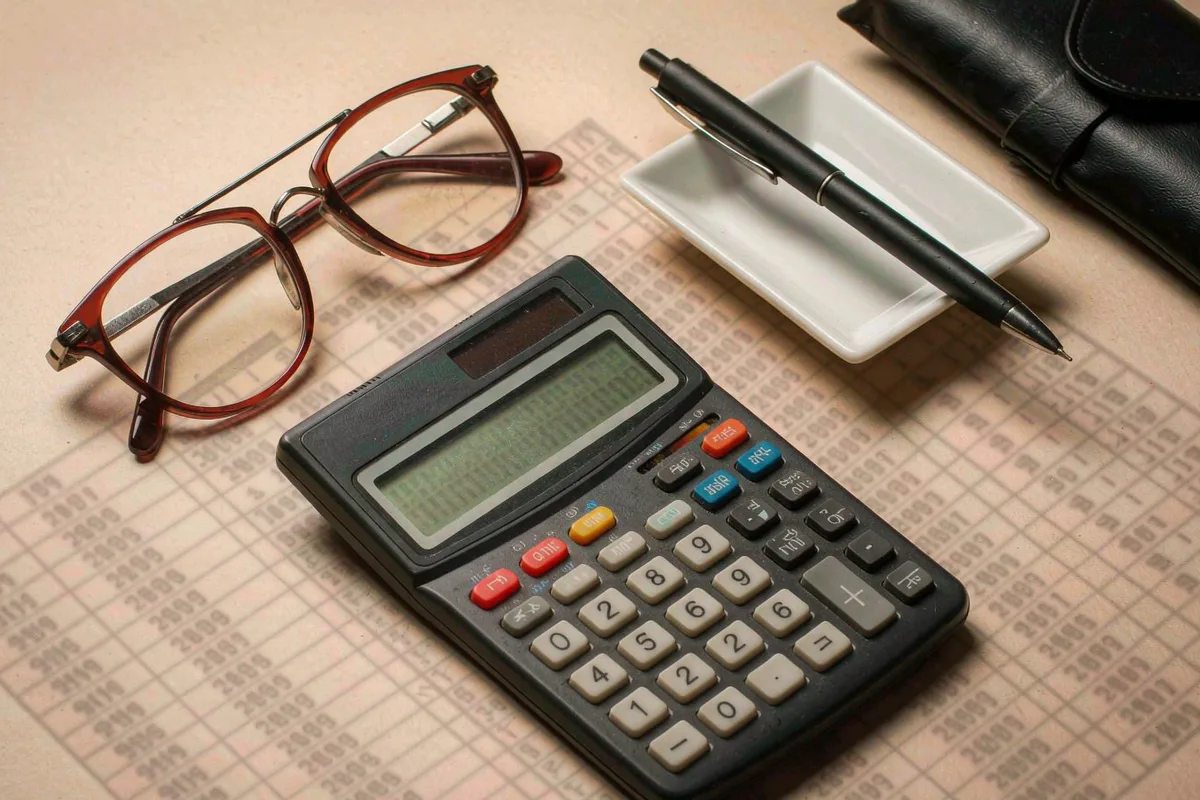 Calculator and glasses on an investment statement