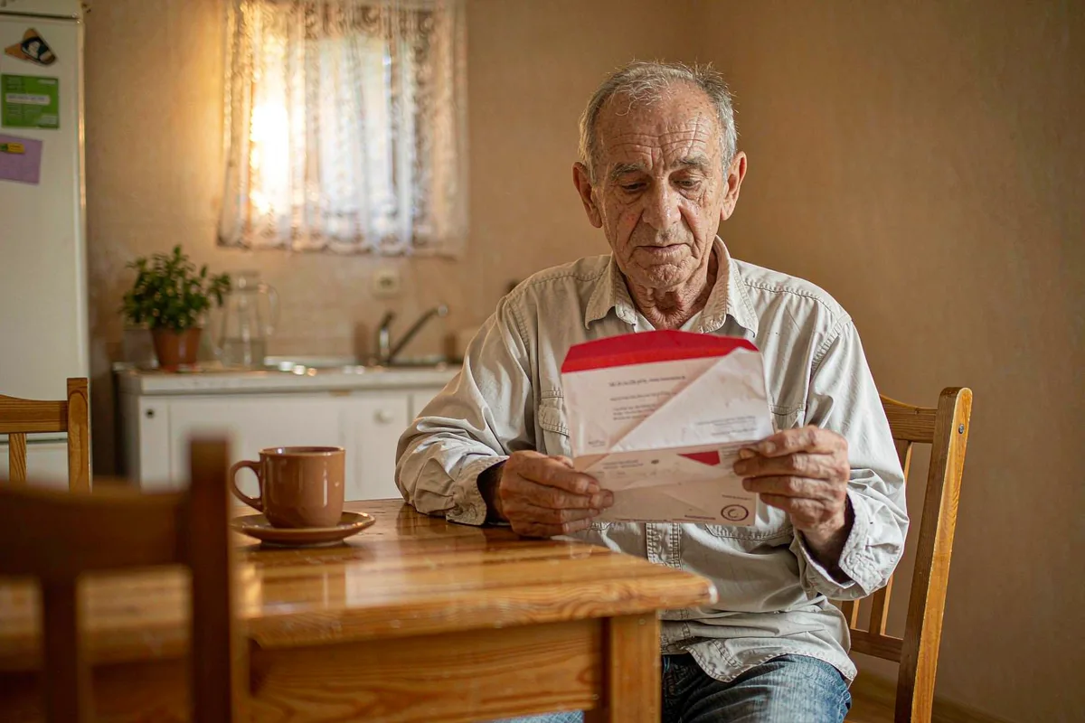 Senior man reading an official letter at the kitchen table