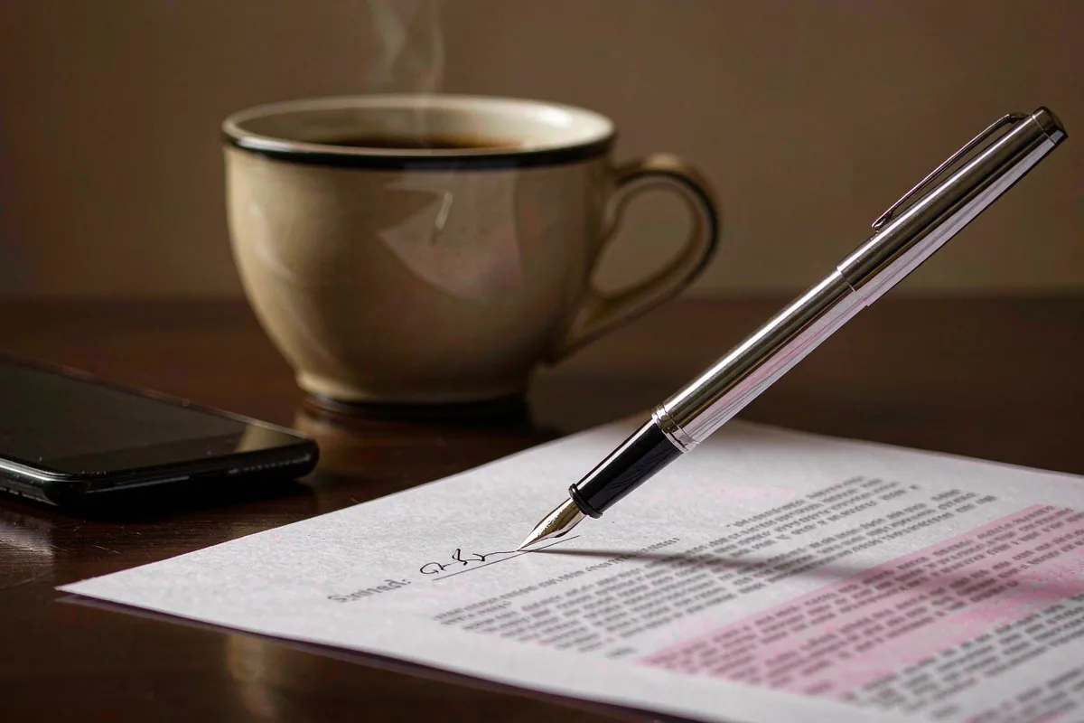 Fountain pen on a signed document