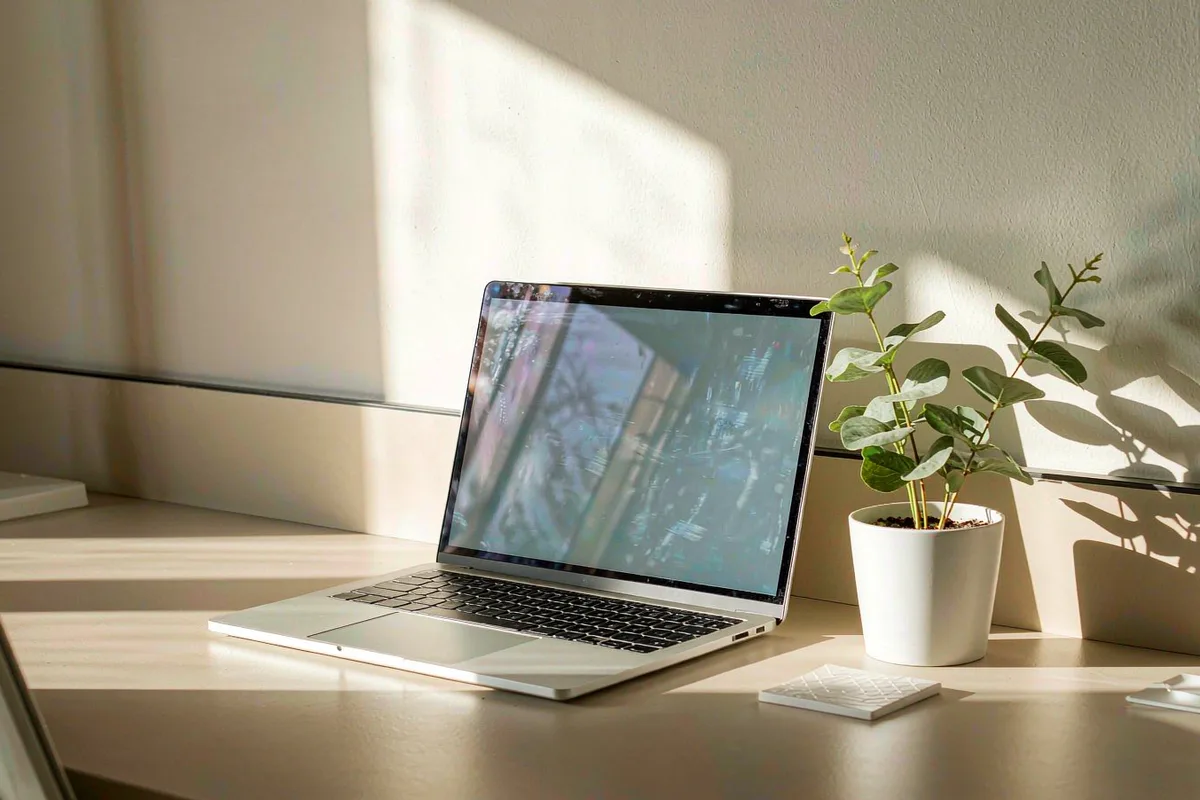 Minimal modern workspace with laptop and morning light