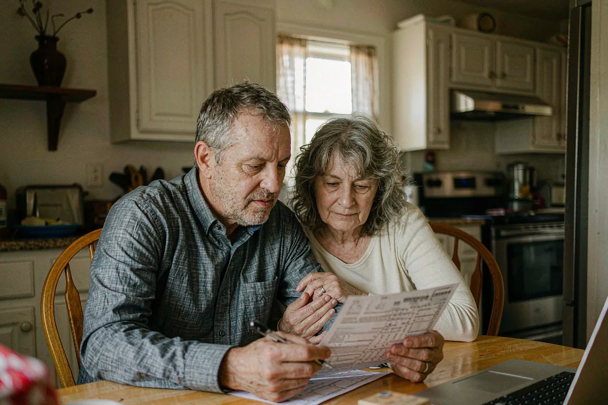 Senior couple reviewing paperwork